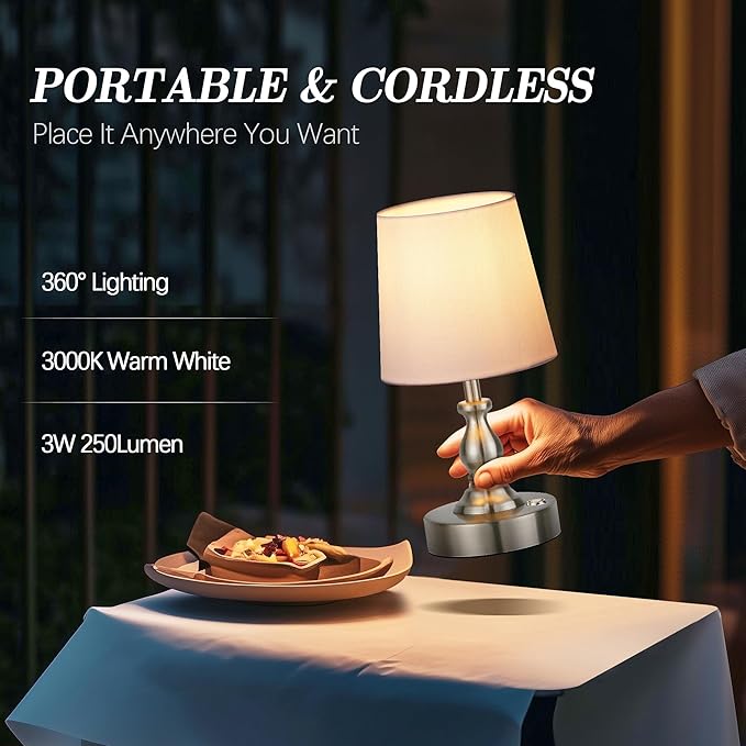 PARTPHONER Mini Cordless LED Table Lamp, 5200mAh Rechargeable Battery Operated Lamp, 3-Level Brightness, Touch Dimmable Desk Lamp, Bedside Night Light for Patio Camping Restaurant Home, Brushed Nickel