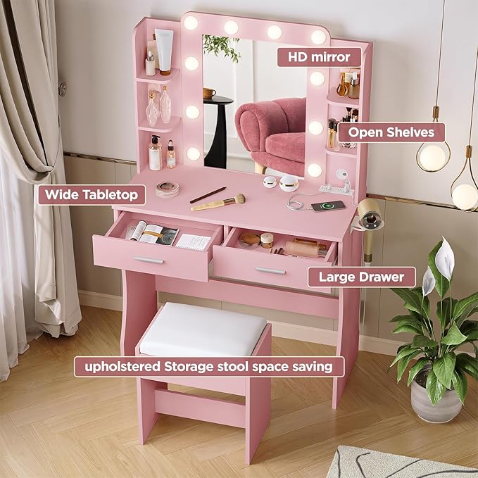 Vabches Vanity Desk with Lights,Makeup Vanity with Power Strip,Dressing Table Set with 2 Large Drawers,Vanity Mirror 3 Lighting Color Adjustable,Pink