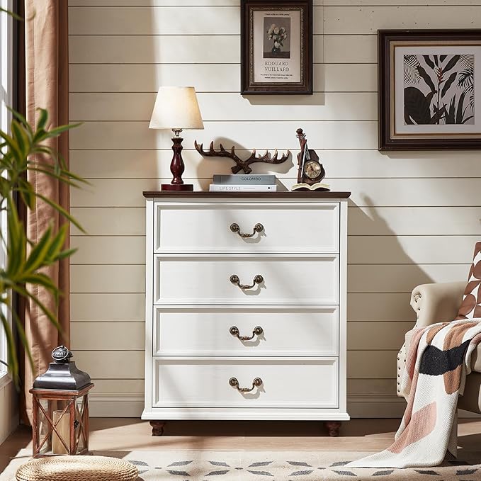 Farmhouse 4 Drawer Dresser for Bedroom, 37" Tall Rustic Chests of Drawers w/ 4 Solid Wood Feet, Mid Century Modern Wooden Closet Storage Dressers Organizer for Living Room, Hallway, White