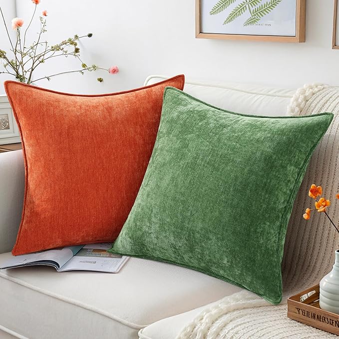 decorUhome Couch Throw Pillow Covers 12x20 Set of 2, Decorative Soft Euro Neutral Chenille Lumbar Pillow Covers with Elegant Design for Sofa Bed Living Room Home Decor, Moss Green