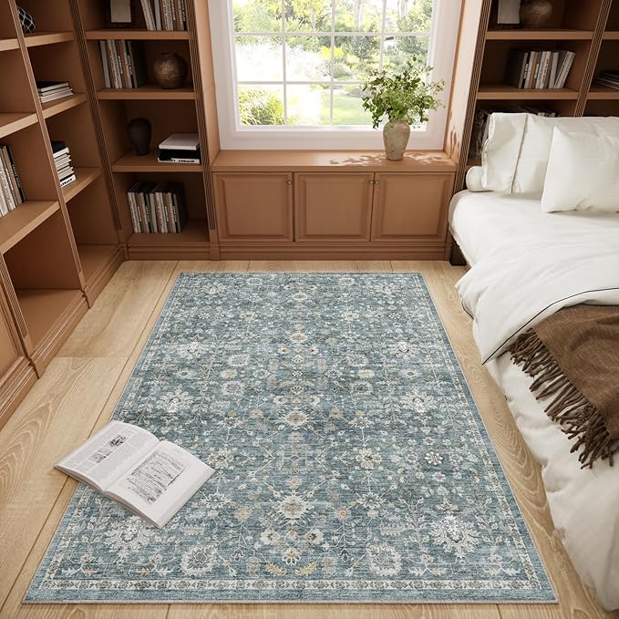 Washable Area Rugs 5'x7' Non-Slip Vintage Boho Distressed Fade Resistant Low Pile Carpet for High-Traffic Living Room, Bedroom & Dining Room