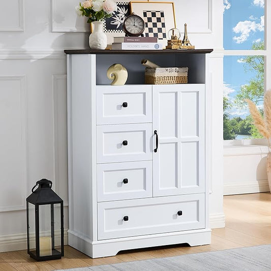4+1 White Dresser for Bedroom, Chest of Drawers for Bedroom with Wooden Drawers and Cross Door, Wood Dressers Storage TV Stand for Bedroom, Living Room