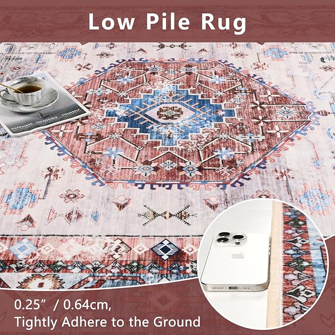 Washable Area Rugs for Living Room, Red 4x6 Non Slip Vintage Floral Room Rug for Bedroom, Low Pile Indoor Carpet for Dining Room, Home Office, Kitchen, Dorm