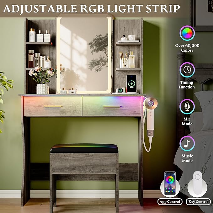 Gray Makeup Vanity Desk with Mirror and Lights, Wood Vanity Table Set with Power Outlet, Dressing Table with 2 Drawer & 4 Storage Shelves, Adjustable RGB Lighting, Includes Chair for Girl’s Bedroom