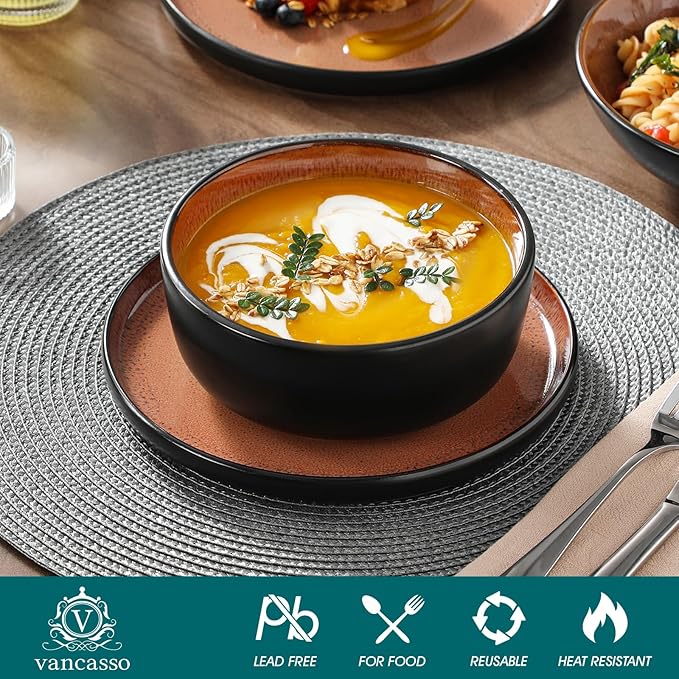 vancasso Plates and Bowls Sets, 18 Pieces Stoneware Dinnerware Sets for 6, Kitchen Dish Set Mircowave and Dishwasher Safe Dinner Set Ceramic Dishware, Brown, Series AMBER