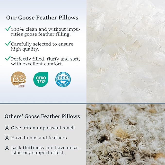 COZSINOOR Goose Feather Pillows King Size - Set of 2, Hotel Down Bed Pillow for Sleeping, Soft 600 TC Cotton Cover, Fluffy Support Surround Fill Down Alternative for Back, Stomach, Side Sleepers