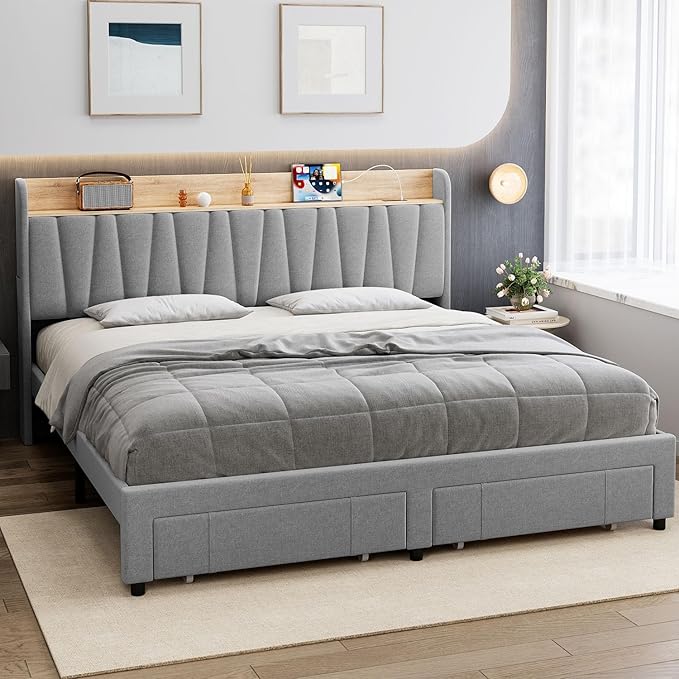 GarveeHome King Size Bed Frame with Storage Headboard, Upholstered Platform Beds with Drawers, Charging Station, Noise-Free, No Box Spring Needed, Easy Assembly, Light Grey