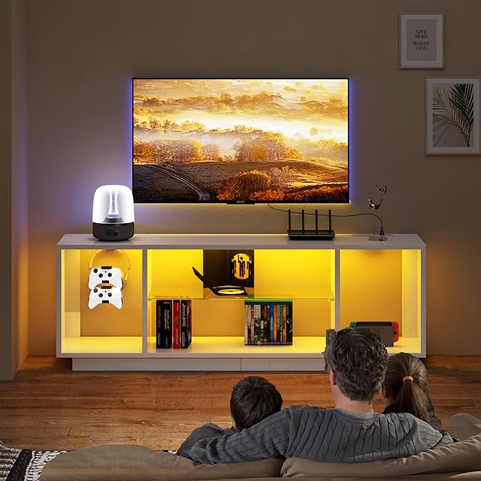 DlandHome LED TV Stand for TVs up to 60inch, Entertainment Center with Open Storage Shelves, TV Media Console Table for Bedroom, Living Room, White