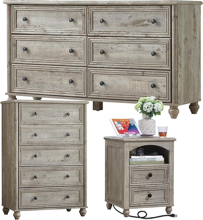 Farmhouse Dressers & Night Stand Set of 3, Wood 54" Wide Dresser & 45"Tall Chest of Drawers, 18" with Charging Station Nightstand, Bedroom Furniture 6 Drawer Dresser Set for Home Living Room Hallway