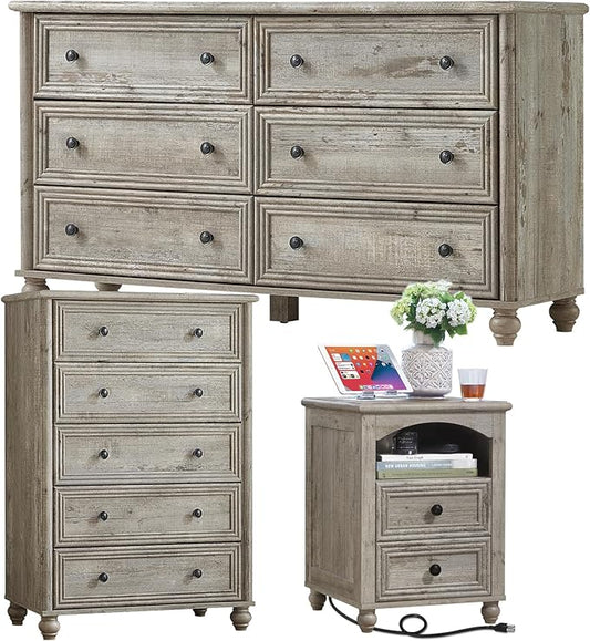Farmhouse Dressers & Night Stand Set of 3, Wood 54" Wide Dresser & 45"Tall Chest of Drawers, 18" with Charging Station Nightstand, Bedroom Furniture 6 Drawer Dresser Set for Home Living Room Hallway