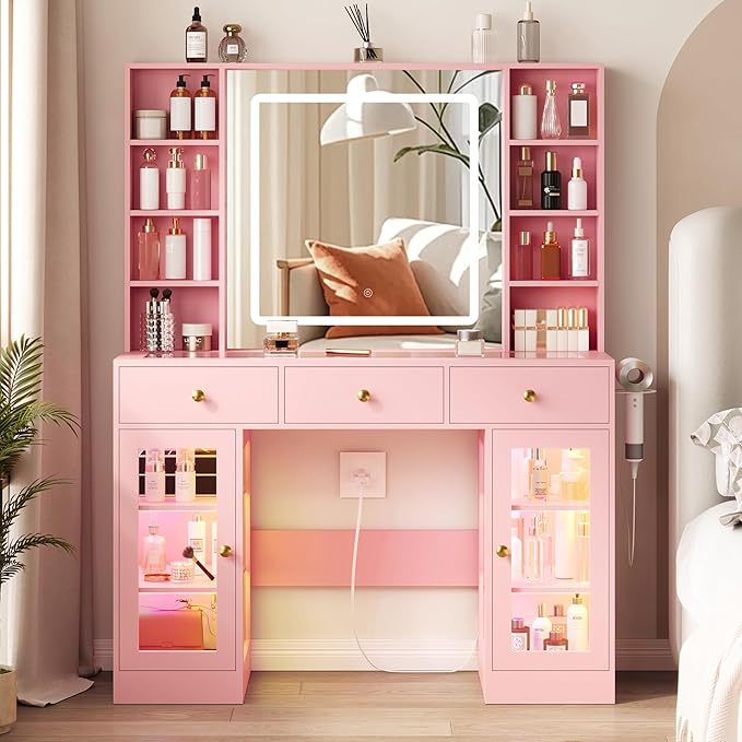 Pink Vanity Desk with Mirror and Lights, 43.4" Makeup Vanity Table Set with Lighted Mirror & RGB Glass Cabinet, 3 Drawers, Glass Top Dressing Table with Large Shelves for Girls, 3 Color Modes