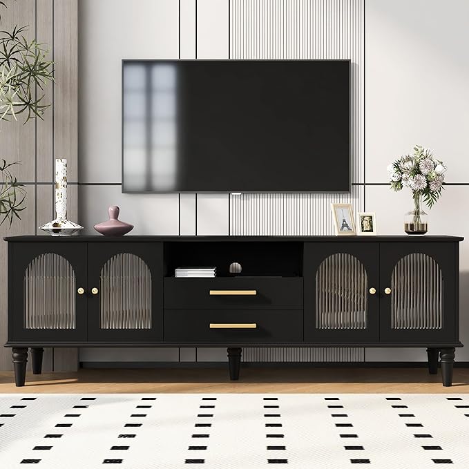 Merax 68.9'' TV Stand for TVs up to 75 Inches, Entertainment Center Media Console Table with Storage Cabinet, Fluted Glass Doors, Wood Legs for Living Room