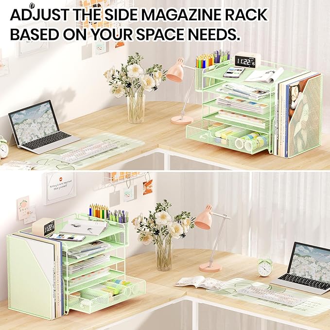 Desk Organizers and Accessories with File Holder, 5-Tier Office Desk Accessories & Workspace Desktop Organizer with Drawer and 2 Pen Holder, File Paper Organizer for Office Supplies(Green)