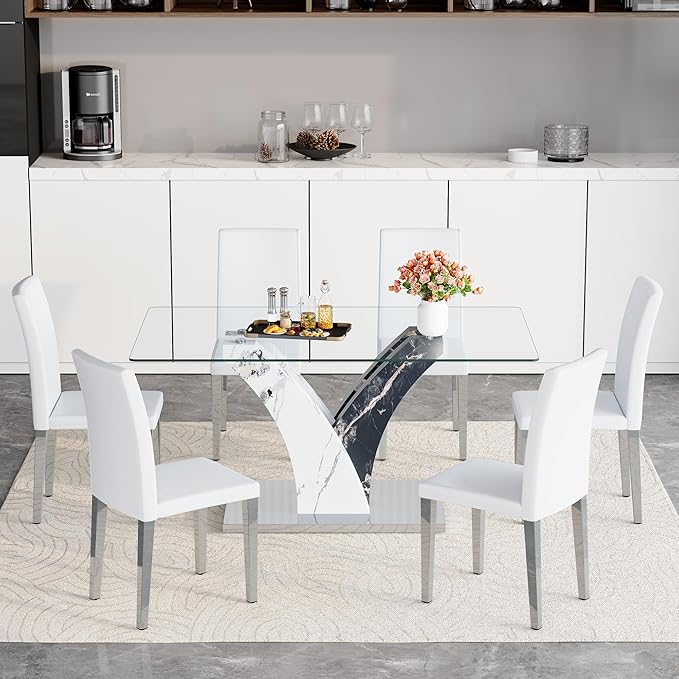 Glass Dining Table Set for 6, 63” Kitchen Table Set for 6, Modern Dining Room Table Set with Upholstered Chairs, Tempered Glass Tabletop with Y Shape Base