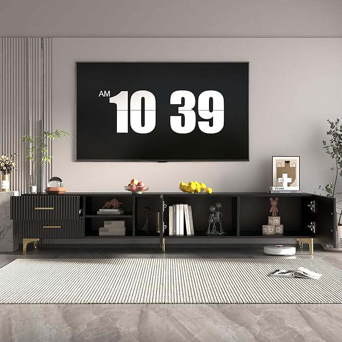 70" Fluted TV Stand for TVs Up to 80", Modern Entertainment Center with Storage, Media Console for Living Room Bedroom, TV Console（Black）