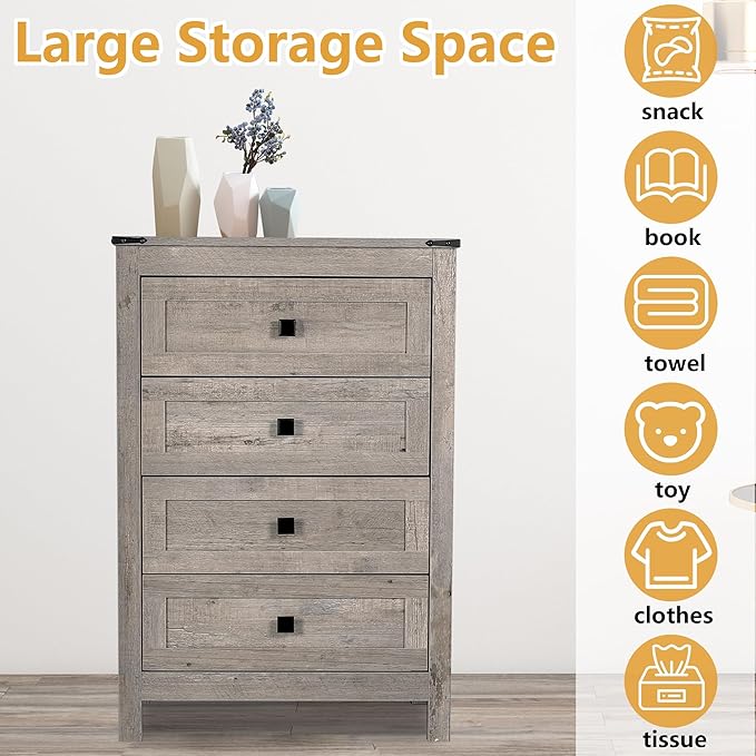 Farmhouse 4 Drawer Dresser for Bedroom, 24" Wide Wood Dresser with Metal Handle for Bed Room, Hallway, Light Grey Rustic Oak