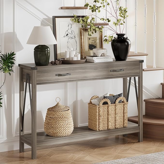 ChooChoo 47'' Farmhouse Console Table with Drawer, Entryway Table with Storage Shelf, Rustic A-Design Sofa Table for Hallway, Entrance, Living Room, Grey