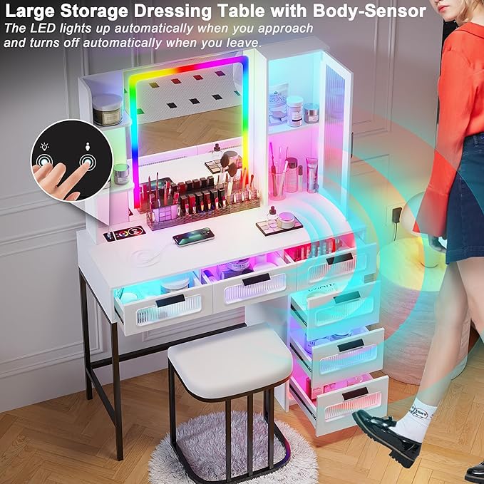 HNEBC White LED Vanity, Makeup Vanity with RGB Lights and 6 Drawers for Bedroom, Makeup Desk with USB/Wireless Charging, Dressing Table with Shelves/Cabins/Stool, Vanity Table Set as Gifts for Girls