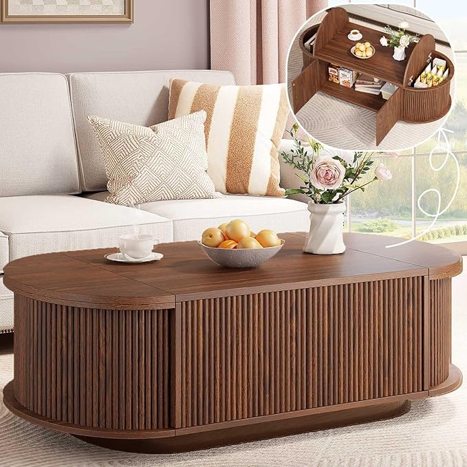 HSH Oval Coffee Table with Storage, 47” Modern Coffee Table with Press Type Door, Fluted Living Room Tables with 2 Flip-Top Hidden Lids, Wood Center Table for Living Room, Office,Walnut