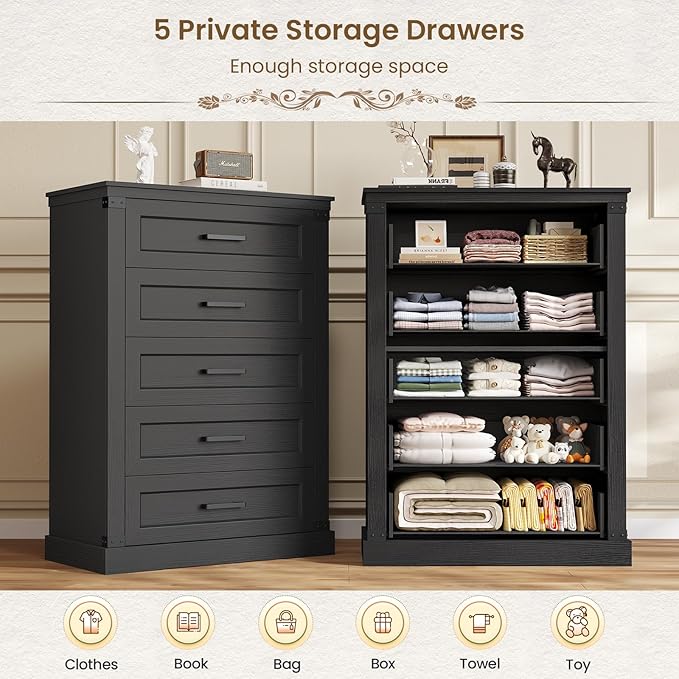 Hasuit Tall Black Dresser for Bedroom with 5 Drawers, Wooden Farmhouse Dresser Chest of Drawer with Thick Styling, Large Capacity Storage Cabinet with Wide Drawer, Dressers for Living Room Hallway