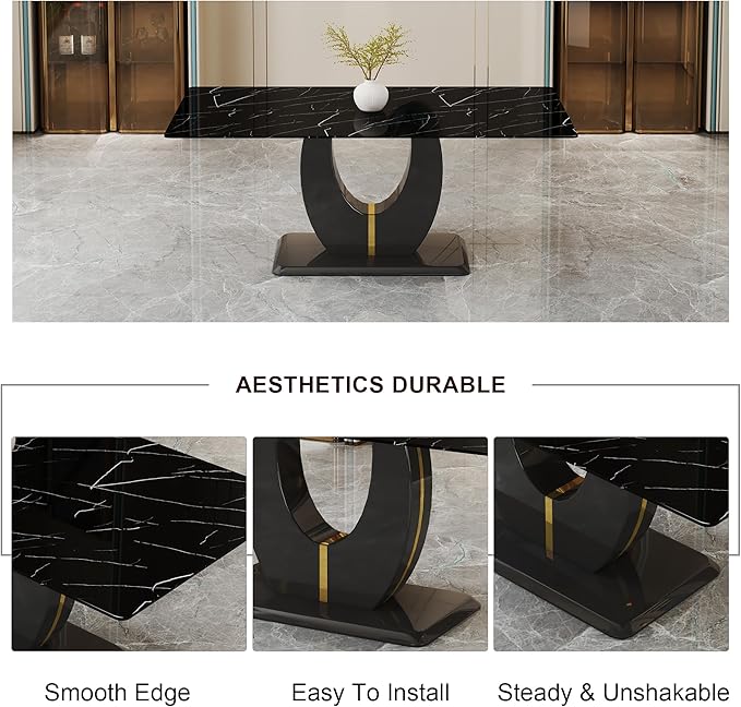 Dining Table Set for 8, Kitchen Table Chairs Set of 8, Modern Dining Room Set with 71 inch Marble Dinner Table PU Leather Upholstered Chairs for Dining Room Kitchen