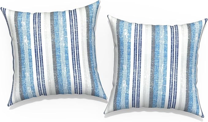 Outdoor Throw Pillow Covers 16x16 Inch, Square Patio Pillow Cases Pack of 2, Modern Decorative Back Cushion Covers for Patio Furniture Garden Couch Farmhouse, Stripe Layered Blue