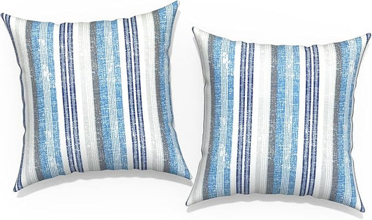 Outdoor Throw Pillow Covers 16x16 Inch, Square Patio Pillow Cases Pack of 2, Modern Decorative Back Cushion Covers for Patio Furniture Garden Couch Farmhouse, Stripe Layered Blue