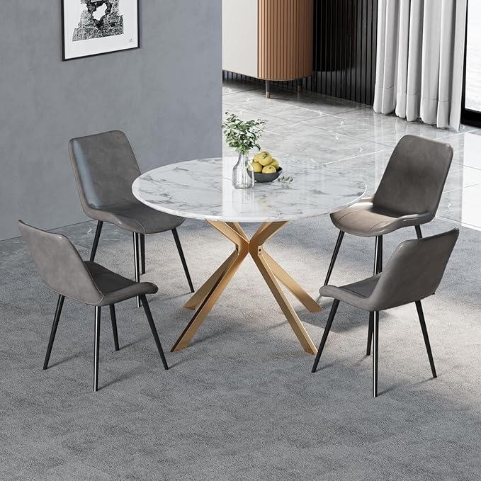46.4" Round Dining Table Set with 4 Chairs, Modern Dining Set with Comfortable PU Leather Chairs, Sturdy MDF Table with X-Shaped Base, Easy Assembly, Ideal for Dining Room or Kitchen