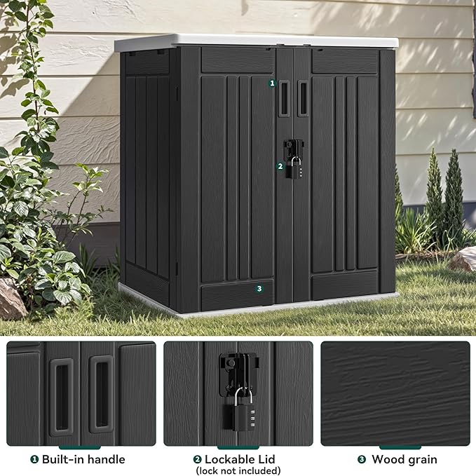YITAHOME Outdoor Storage Cabinet with 2 Shelves, Waterproof Resin Horizontal Tool Shed, Lockable 15 cu. ft. Storage Shed for Patio, Garden, Yard, Dark Gray
