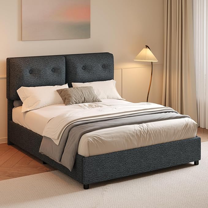 Full Bed Frames,Breathable Boucle Fabric Upholstered Bed Frame with Headboard,Removable and Washable,Wood Slat Support,No Box Spring Needed,Easy Assembly,Black