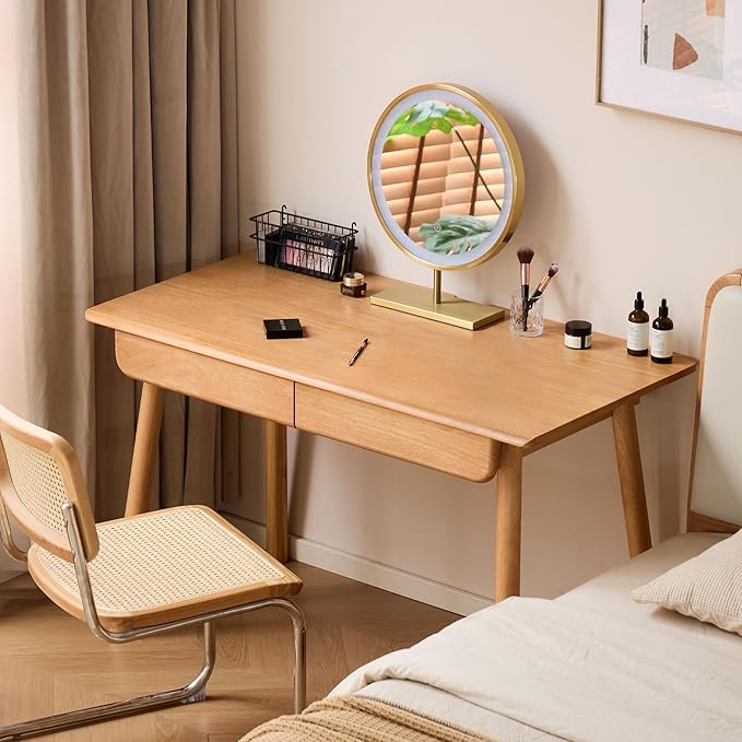Solid Wood Desk, Mid Century Modern Home Office Desk, Computer Desk with Drawer for Writing Study Vanity 41.33" W