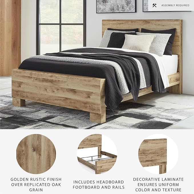 Signature Design by Ashley Hyanna Rustic Queen Panel Bed with Metal Slats, Foundation or Box Spring Needed, Light Brown