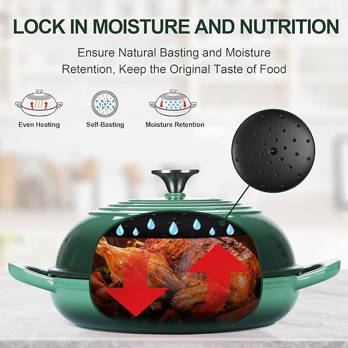 TeamFar Cast Iron Bread Dutch Oven, 6 Qt Enameled Dutch Oven Pot for Sourdough Bread Baking, with Tall Dome Lid & Round Base Pan, Self-Basting & Even-Heating, Heavy-Duty & Non-stick, Dark Green