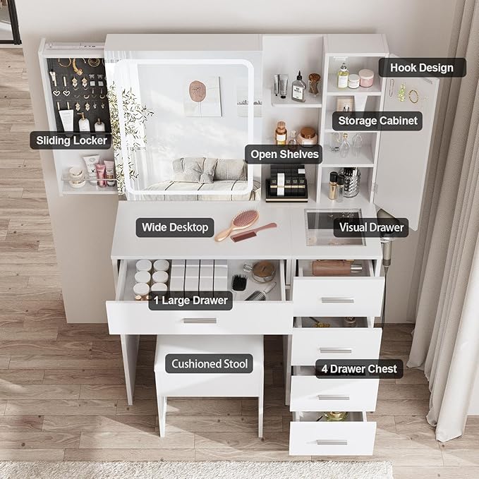 Fameill White Vanity Desk with Mirror and Lights,Makeup Vanity Table Set with Power Strip and Sliding Locker,Visual Drawer Dressing Table with 5 Drawers&Shelves&Cabinet,3 Lighting Modes