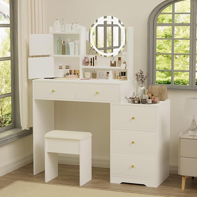 Makeup Vanity Desk with Mirror & LED Lights, Cushioned Chair, Vanity Table Set for Bedroom with 5 Storage Drawers, Stylish Dressing Table with 3 Color Lighting for Girls & Makeup Enthusiasts