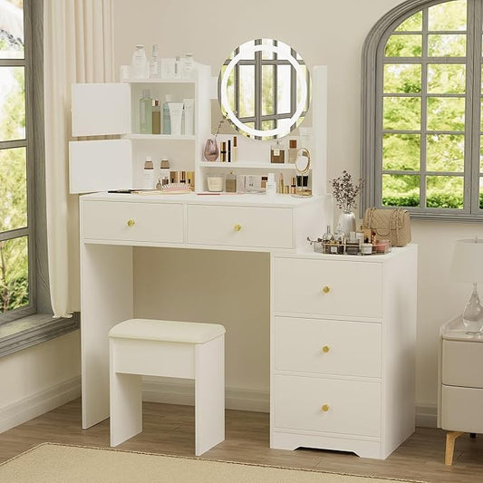 Makeup Vanity Desk with Mirror & LED Lights, Cushioned Chair, Vanity Table Set for Bedroom with 5 Storage Drawers, Stylish Dressing Table with 3 Color Lighting for Girls & Makeup Enthusiasts