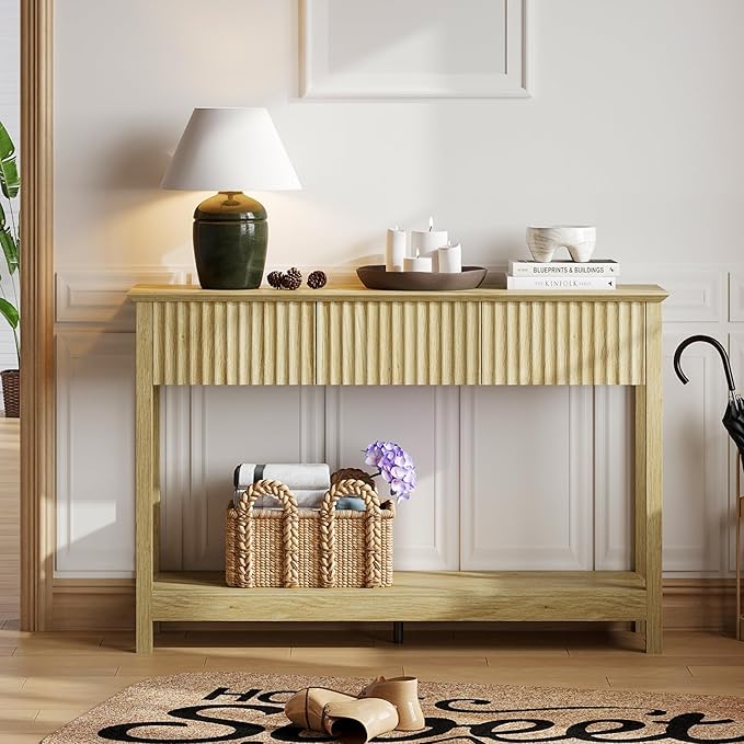 Treocho 47" Fluted Console Table with 3 Drawers, Narrow Long Entryway Table with Storage and Shelf, 2-Tier Sofa Table Behind Couch Accent Tables for Entrance Foyer, Hallway, Living Room, Oak