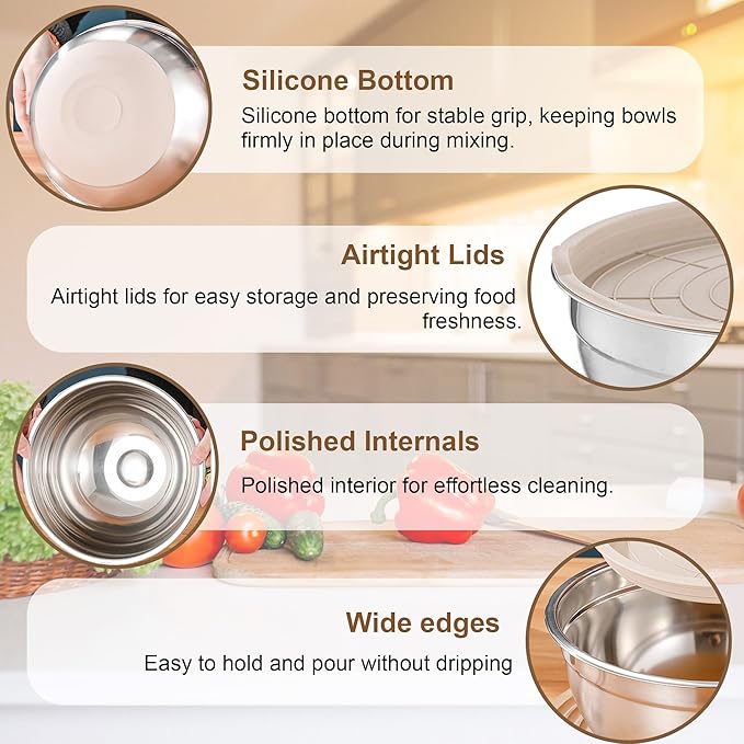 Mixing Bowls with Lids Set, 6PCS Stainless Steel Metal Bowls with 3 Grater Attachments, Measurement Marks & Colorful Non-Slip Bottoms, Size 7, 4, 3, 2, 1.5, 1QT, Great for Mixing & Serving (Khaki)