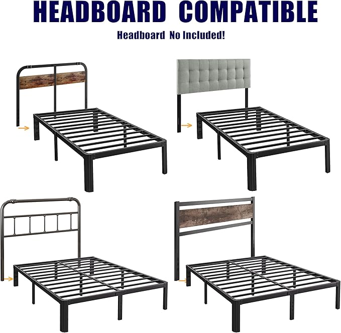 14in Full Size Bed Frame No Box Spring Needed, Heavy Duty Metal Platform Bed Frame Full with Round Corners, Easy Assembly, Noise Free, Black