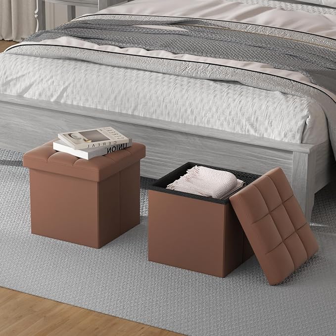 Athena Collection Leather Square Ottoman with Storage, 15 Inch Small Storage Ottoman, Multipurpose Footstool Foot Rest for Living Room, Bedroom, Dorm, Brown