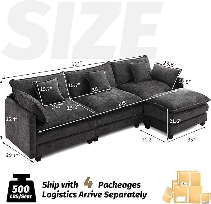 111'' Sectional Cloud Deep Seat Couch, Modern Comfy Chenille L Shaped Sectional Sofa for Living Room Set, Upholstered Modular 4-Seats Sofa Couch with Movable Ottoman, Dark Grey
