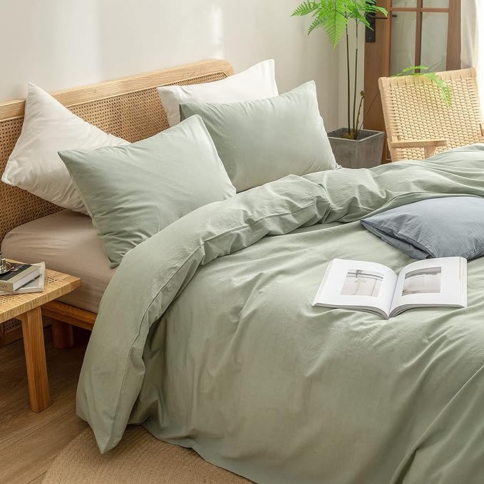 BESTOUCH Duvet Cover Set 100% Washed Cotton Linen Feel Super Soft Comfortable Chic Lightweight 3 PCs Home Bedding Set Solid Sage Green Oversized King
