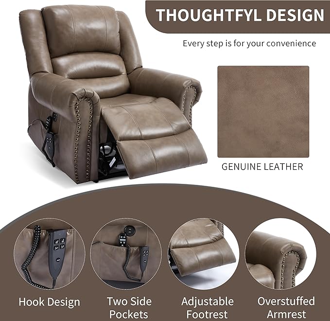 Dual Motor Power Lift Chair, Lay Flat Recliner Chair, Electric Recliner with Massage and Heat for Elderly, Remote Control, Infinite Position, Standing Assistance, USB Ports (Khaki, Genuine Leather)