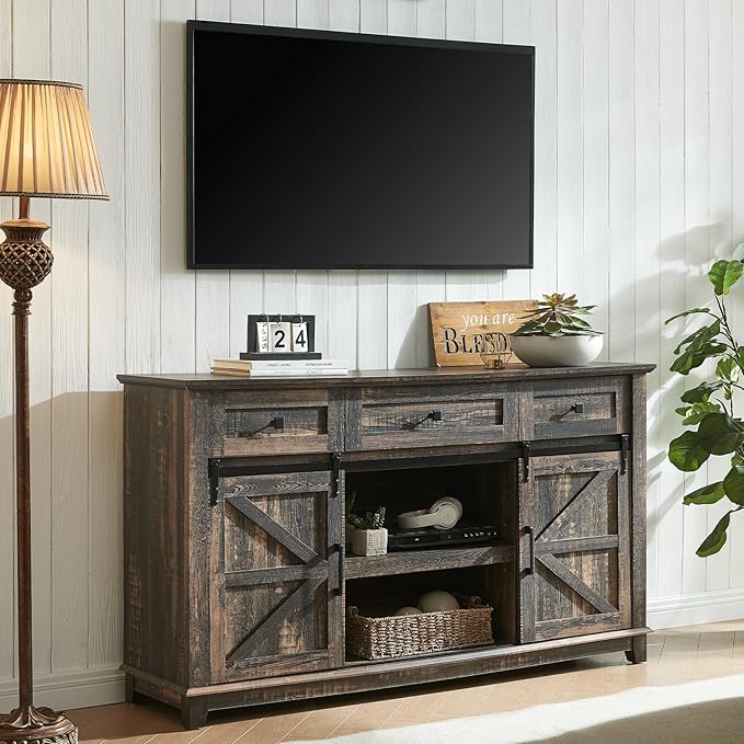 AMERLIFE Farmhouse TV Stand for Televisions up to 65 Inchs, Entertainment Center with Sliding Barn Doors and Storage Drawers, 59" TV Stand with Cabinets, Rustic Oak Black