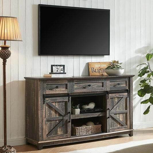 AMERLIFE Farmhouse TV Stand for Televisions up to 65 Inchs, Entertainment Center with Sliding Barn Doors and Storage Drawers, 59" TV Stand with Cabinets, Rustic Oak Black