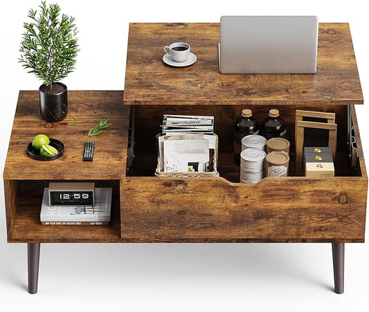 OLIXIS Wooden Coffee Table, Lift Top Coffee Table with Large Hidden Compartment and Ample Storage Shelf, Lift Tabletop Dining Table for Living Room, Home Small Space, Weathered Wood