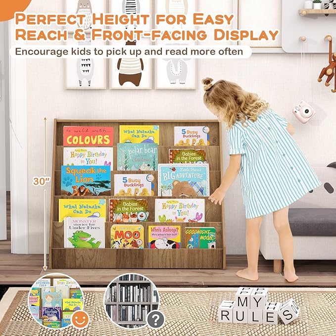 Costzon 5-Tier Kids Bookshelf, Wooden Children Bookcase, Toddler Book Rack, Magazine Storage & Display Shelf, Book Shelf for Kids Room, Living Room, Nursery, Classroom (Natural)