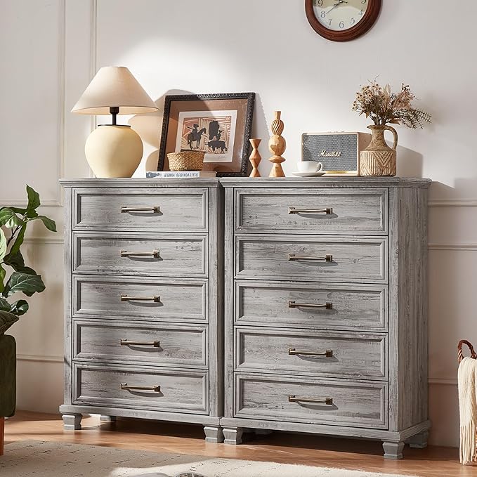 Farmhouse 5 Drawer Dresser for Bedroom, 45” Tall Dresser for Closet, Rustic Wooden Chests of Drawer for Bedroom, Hallway, Entryway, Grey