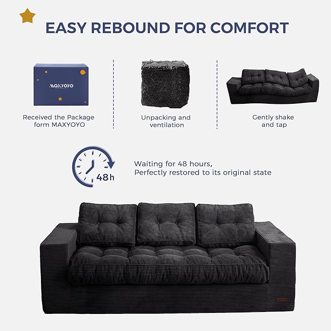 MAXYOYO 3 Seater Couch for Living Room, Boneless Couch with Tufted Cushion & Backrest, Upholstered Floor Sofa with Armrests, Sofa in A Box, No Assembly Required, Black