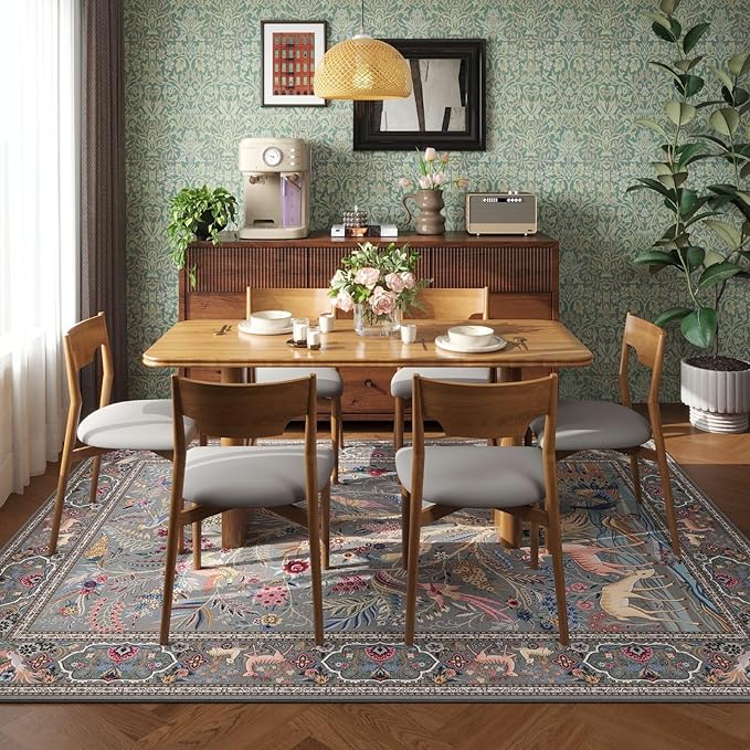 Area Rugs 5x7 Vibrant Tree of Life-Patterned Vintage Washable Area Rug Non Slip Low Pile Large Rugs for Living Room Bedroom Farmhouse Dining Room Kids Playroom, Grey